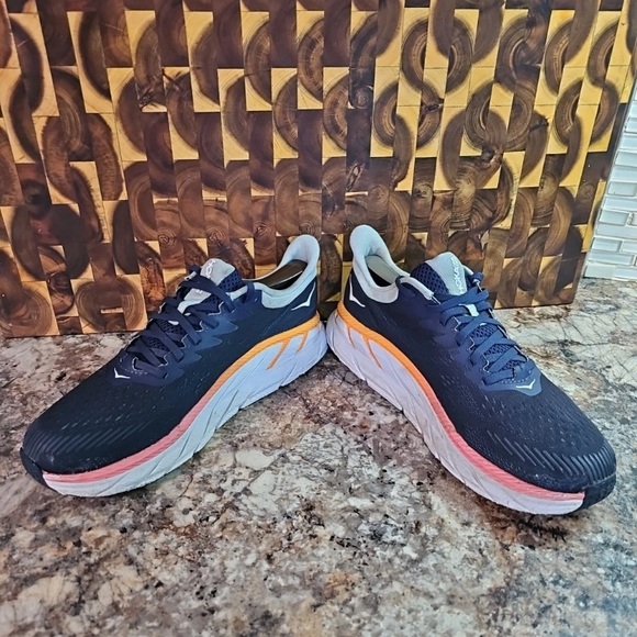 Hoka one Clifton 7 Athletic Shoes in Dark Blue and Coral - Picture 5 of 8